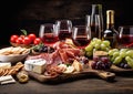 Wine snacks set and various delicatessen.Macro.AI Generative