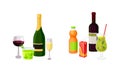 Wine and Sparkling Soda Water in Bottle and Cocktail Glass as Harmful Drink Vector Set Royalty Free Stock Photo