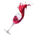 Glass of red wine with the wine splash. Watercolor hand-painted illustration isolated on white background. Royalty Free Stock Photo