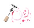 Wine stains, corkscrew and stopper on white background, top view Royalty Free Stock Photo