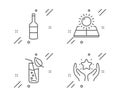 Wine, Sun energy and Water glass icons set. Ranking sign. Merlot bottle, Solar panels, Soda drink. Hold star. Vector