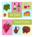 Wine taste club banner vector illustrations glass wine grape bottle. Tasting events menu. Vector alcohol drink