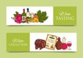 Wine taste club banner vector illustrations glass wine grape bottle. Tasting events menu. Vector alcohol drink