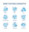 Wine tasting concept icons set. Drink quality evaluation, alcoholic beverage degustation, winetasting idea thin line RGB