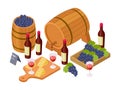 Wine tasting concept. Isometric wine, wooden barrels, glasses, grapes. Vector wine illustration