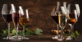 Wine tasting concept, still and sparkling wines. Red, white wine, rose and champagne in wine glasses. Panoramic banner with copy Royalty Free Stock Photo