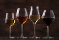 Wine tasting concept, still and sparkling wines. Red, white wine, rose and champagne in wine glasses on vintage wooden table Royalty Free Stock Photo