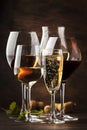 Wine tasting concept, still and sparkling wines. Red, white wine, rose and champagne in wine glasses on vintage wooden table Royalty Free Stock Photo