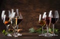 Wine tasting concept, still and sparkling wines. Red, white wine, rose and champagne in wine glasses on vintage wooden table Royalty Free Stock Photo