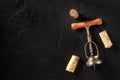 Wine tasting design template. A vintage corkscrew and corks, shot from above Royalty Free Stock Photo
