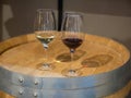 Wine tasting experience in Catalonia (Spain) with two glasses of Moscato and Brachetto on a table