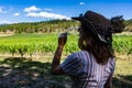 Wine tasting in the front of vineyards Royalty Free Stock Photo