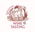 Wine Tasting Icon or Label with Wooden Barrel and Grapes Vine Emblem for Festival Event, Alcohol Drink Fest, Bar Promo