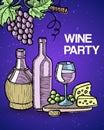 Wine tasting party vector illustration with vintage sketch glass and old bottles of wine, grapes and cheese. Degustation