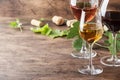 Wine tasting. Red, white, rose- still wines sin glasses on vintage wooden table background Royalty Free Stock Photo