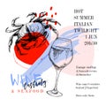 Wine tasting and seafood party poster. Vector hand drawn crab with a glass of wine. Italian sea fingerfood banner