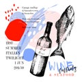 Wine tasting and seafood party poster. Vector hand drawn fish with red wine bottle. Italian sea fingerfood banner