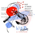 Wine tasting and seafood party poster. Vector hand drawn shrimp with a corcksrew. Italian sea fingerfood banner. Modern