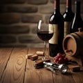 Wine tasting setup featuring a glass of red wine, bottles, corks, and a corkscrew on a rustic wooden table Royalty Free Stock Photo