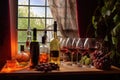 wine tasting setup with glasses and bottles Royalty Free Stock Photo