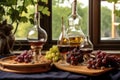 wine tasting setup with glasses, decanter, and grapes Royalty Free Stock Photo