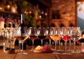 Wine tasting setup with various red,white and rose wine glasses in vineyard.AI Generative Royalty Free Stock Photo