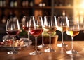 Wine tasting setup with various red,white and rose wine glasses in vineyard.AI Generative Royalty Free Stock Photo