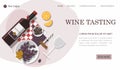 Wine tasting web page. Wine bottle, olives and grapes composition on white background.