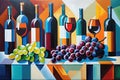 Wine themes in the style of cubism. Bottles, glasses and grapes on the table Royalty Free Stock Photo