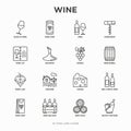 Wine thin line icons set: corkscrew, wine glass, cork, grapes, barrel, list, decanter, cheese, vineyard, bucket, shop, delivery. Royalty Free Stock Photo