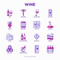 Wine thin line icons set: corkscrew, wine glass, cork, grapes, barrel, list, decanter, cheese, vineyard, bucket, shop, delivery.