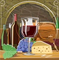 Wine Vault. Vector illustration. Barrels, bottles, cheese, grapes, stone walls. Product tasting. A glass of red wine Royalty Free Stock Photo