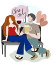 Wine only! Vector isolated illustration with lettering. Couple sitting on the bench and drinking.
