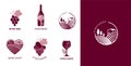 Wine, vineyard, organic natural winery logo collection. Vineyard field and grapes symbols and icons