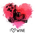 Wine vintage background with banner. Hand drawn sketch illustration with splash watercolor heart