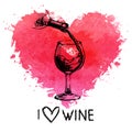 Wine vintage background with banner. Hand drawn sketch illustration with splash watercolor heart