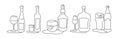 Wine vodka whiskey liquor beer bottle and glass outline icon on white background. Black white cartoon sketch graphic design. Royalty Free Stock Photo