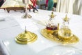 Wine and water on the altar to become the blood of jesus christ Royalty Free Stock Photo