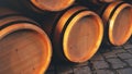 Wine, whiskey, rum, beer, barrels backgorund. Alcoholic drink in wooden barrels such as wine, cognac, rum, brandy, 3D Royalty Free Stock Photo