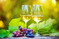 Wine. White Wine in wineglass. Romantic Dinner Outdoor. Wine tasting. Couple wine glasses and grapes close-up. Outdoors Royalty Free Stock Photo