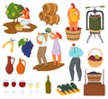 Wine and winemaking vector illustration set, farmer winemaker characters harvesting, pressing, making wine