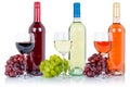 Wine wines group of bottle glass alcohol beverage grapes isolated on white Royalty Free Stock Photo