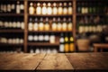 Wine wooden table background. Blurred wine shop with bottles. Created with generative Ai technology. Royalty Free Stock Photo