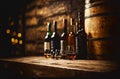 Wine wooden table background. Blurred wine shop with bottles. Created with generative Ai technology. Royalty Free Stock Photo