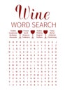 Wine word search puzzle. Wine tasting party game. Vineyard wedding or birthday party theme activity for guests. Stationary card Royalty Free Stock Photo