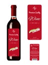 Wine bottles with labels, made in a realistic style on a white background. Three bottles.