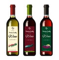 Wine bottles with labels, made in a realistic style on a white background. Three bottles.
