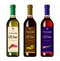Wine bottles with labels, made in a realistic style on a white background. Three bottles.