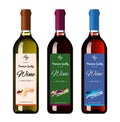 Wine bottles with labels, made in a realistic style on a white background. Three bottles.