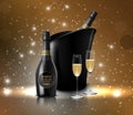 Wineglass with black wine bottles of champagne in a bucket Royalty Free Stock Photo